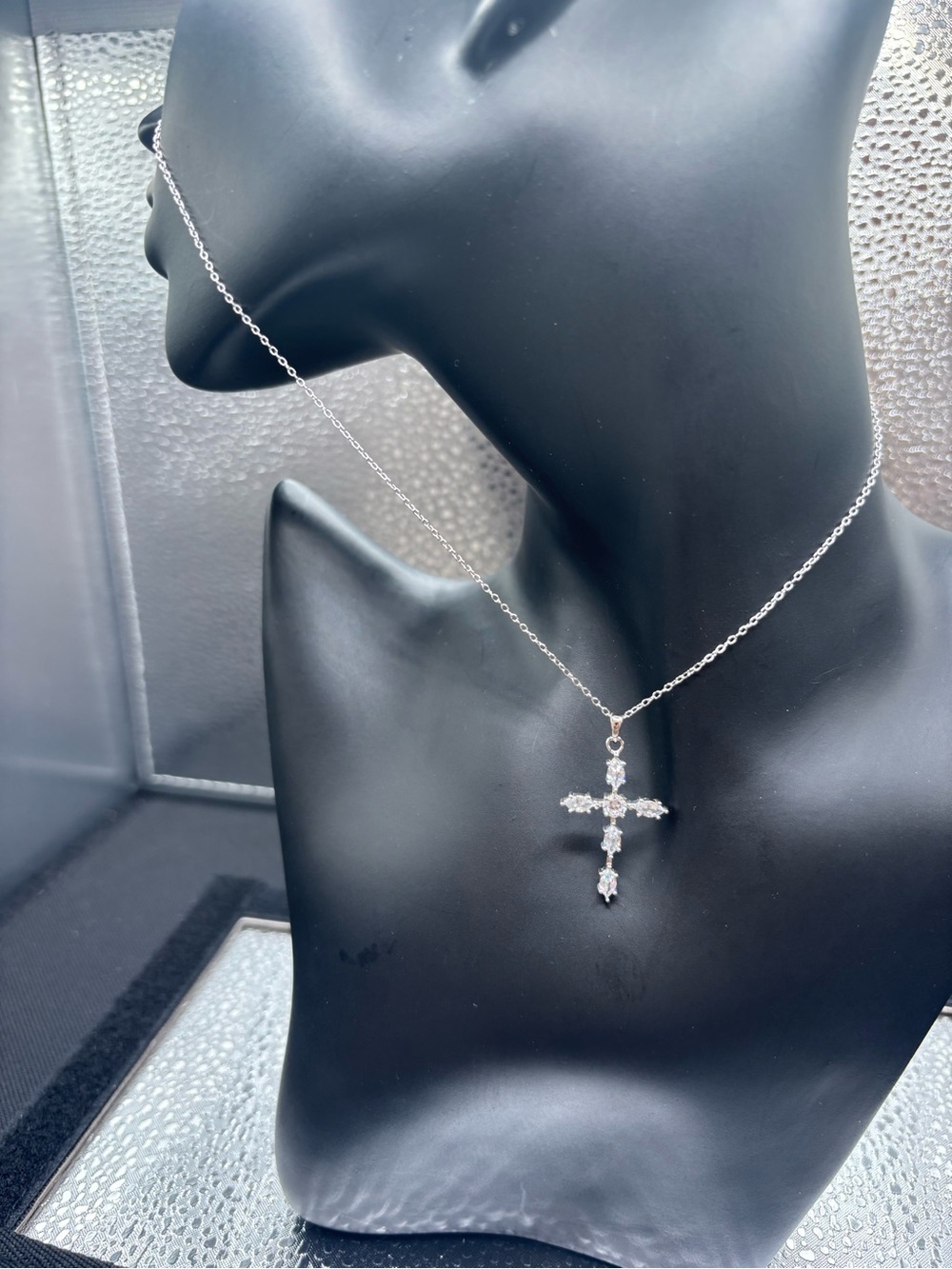 Sterling Cross Pendant Necklace with Sparkling Stones - Silver